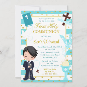 Invitación Niño Afroamericano Azul Primera Comunión