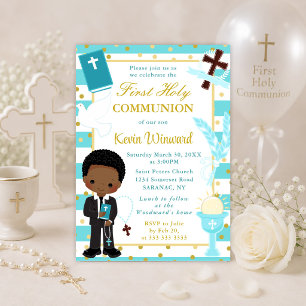 Invitación Niño Afroamericano Azul Primera Comunión