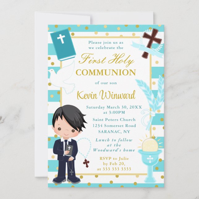Invitación Niño afroamericano azul primera comunión sagrada (Anverso)