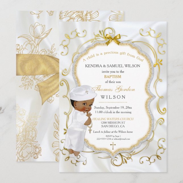 Invitación Niño afroamericano bautismo cruz de oro (Anverso / Reverso)