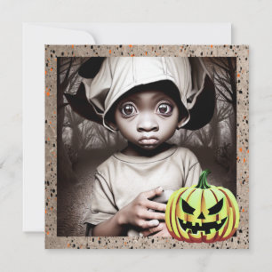 Invitación Niño afroamericano con ojos grandes en Halloween