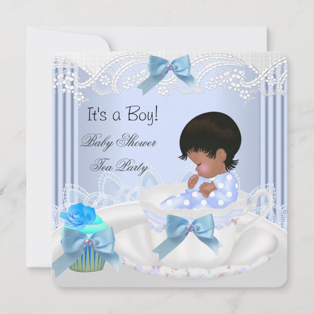 Invitación Niño afroamericano de Baby Shower azul niño con té (Anverso)