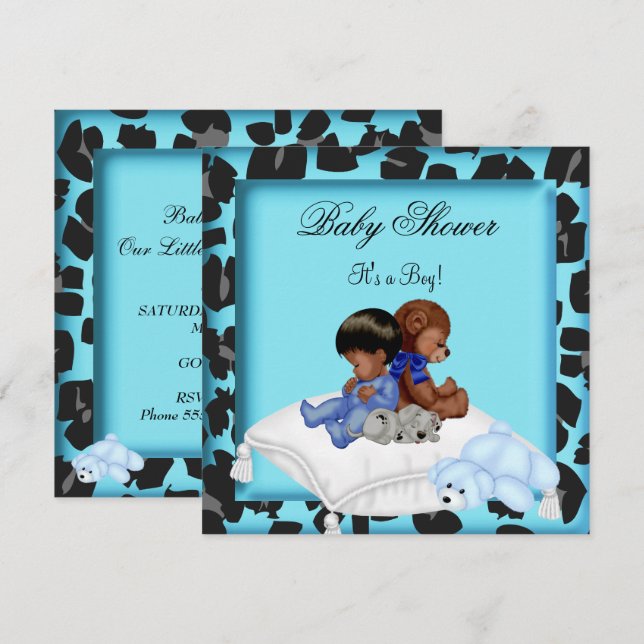 Invitación Niño afroamericano de Baby Shower con oso animal (Anverso / Reverso)