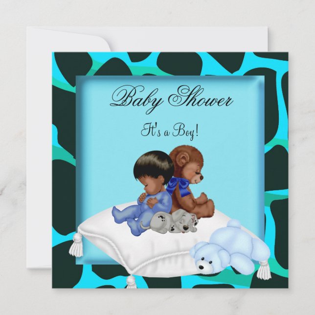 Invitación Niño afroamericano de Baby Shower con oso animal (Anverso)
