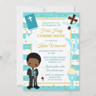 Invitación Niño afroamericano de Primera Comunión con raya az