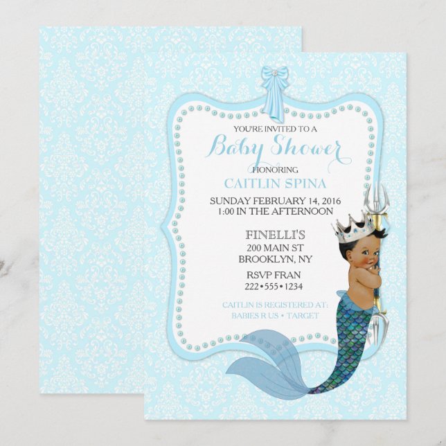 Invitación Niño afroamericano, Merman Príncipe Corona (Anverso / Reverso)