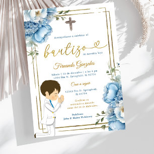Invitación Niño Ángel Adorable Bautizo Español Polvo Azul Oro
