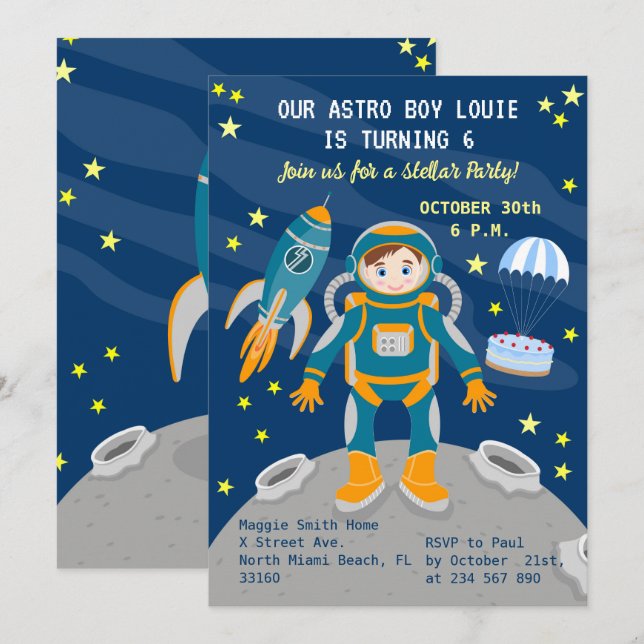 Invitación Niño astronauta pequeño sueña fiesta de cumpleaños (Anverso / Reverso)