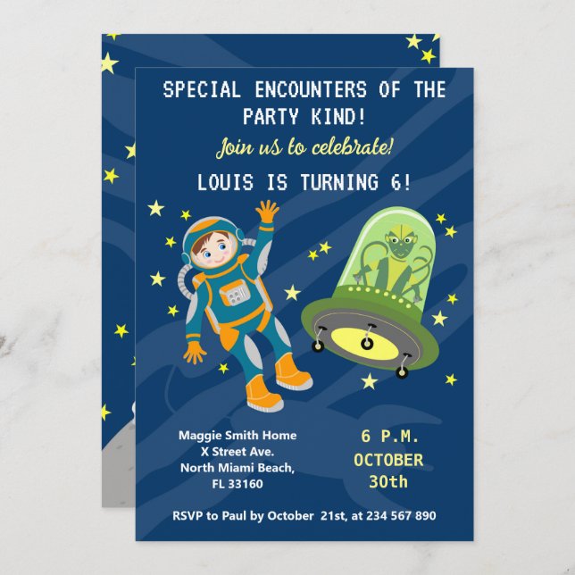 Invitación Niño astronauta sueña con fiesta de cumpleaños (Anverso / Reverso)