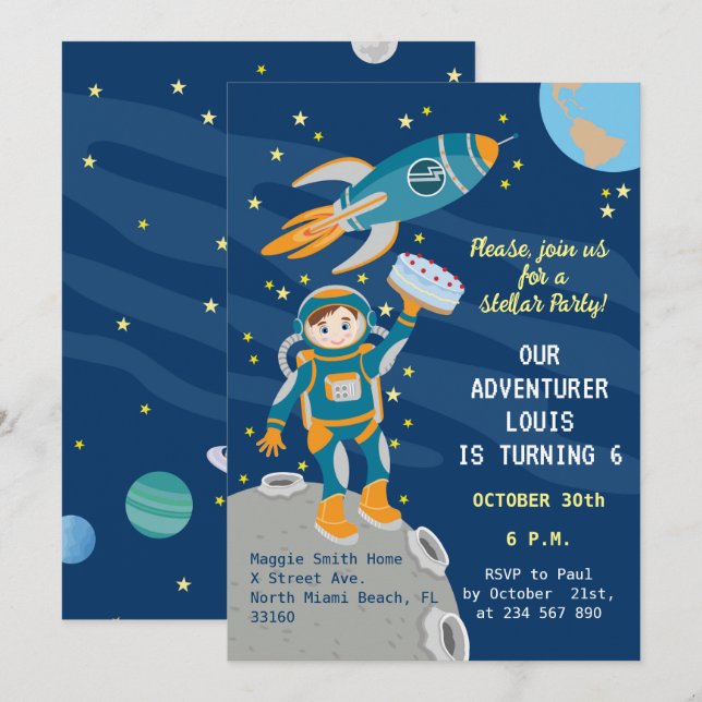 Invitación Niño astronauta sueña con fiesta de cumpleaños (Anverso / Reverso)