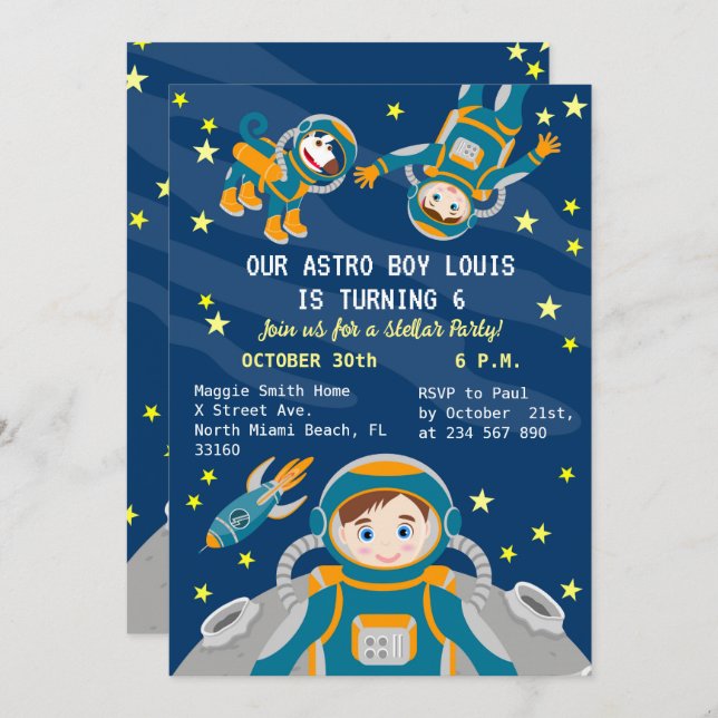 Invitación Niño astronauta sueña con fiesta de cumpleaños (Anverso / Reverso)