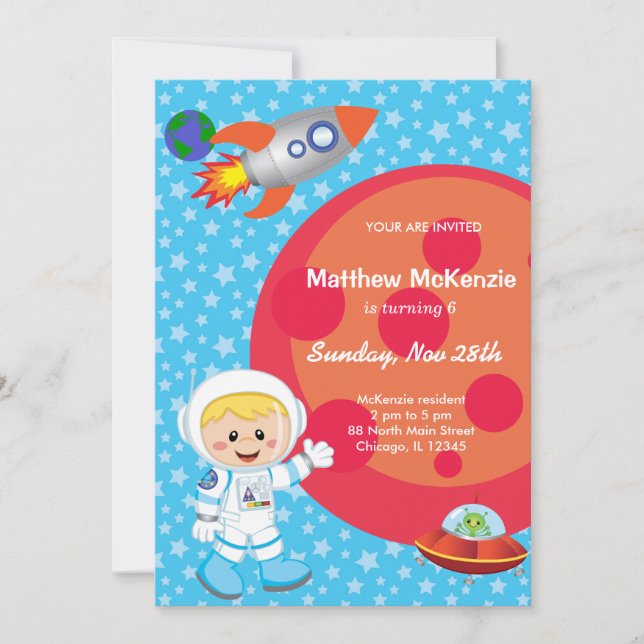 Invitación Niño astronauta Tema del cumpleaños (Anverso)