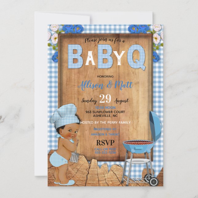 Invitación Niño Azul Gingham Flores de Madera Bebé Q Barbacoa (Anverso)