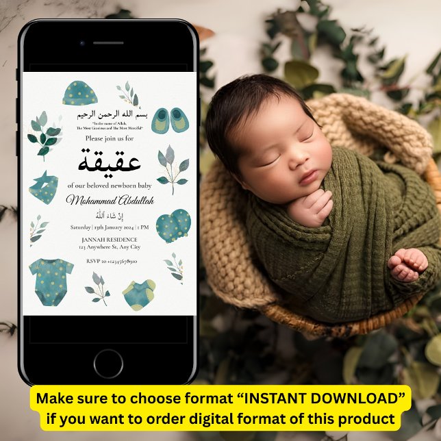 Invitación Niño azul vestido Aqiqah Aqeeqa musulmán (Subido por el creador)