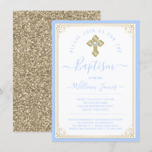 Invitación Niño Baby Blue Luz Dorada Elegante Bautizo