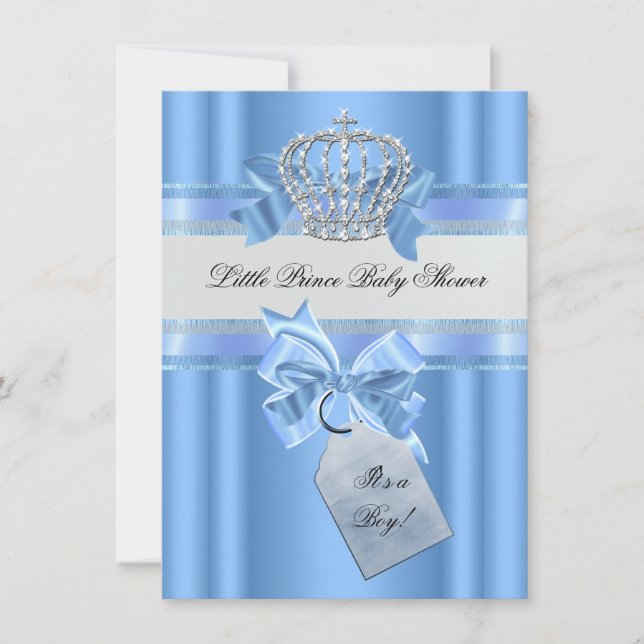 Invitación Niño Baby Shower bebé azul pequeño príncipe corona (Anverso)