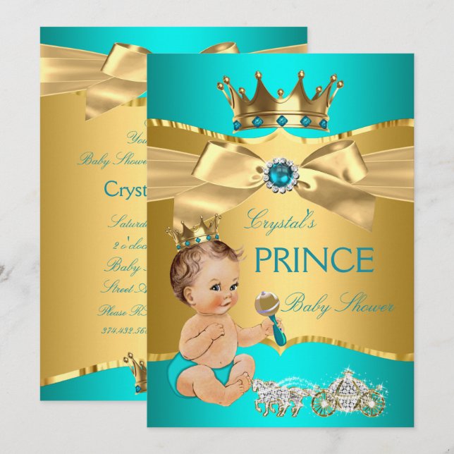 Invitación Niño Baby Shower Brunette, Príncipe de oro azul ve (Anverso / Reverso)