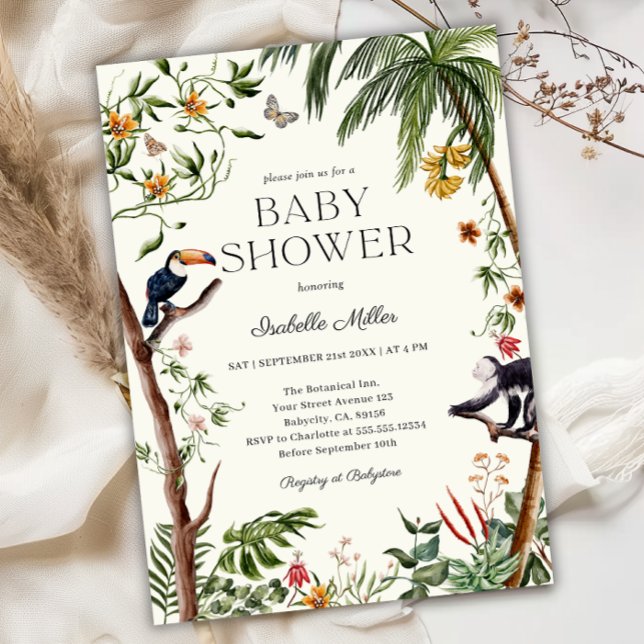 Invitación Niño Baby Shower de animales de la jungla tropical (Tropical Jungle Animals Boy Baby Shower Invitation - Front)