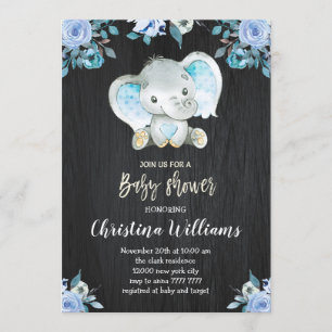Invitación Niño Baby Shower Flores azules rusticas elefante