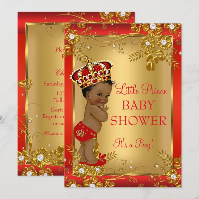 Invitación Niño Baby Shower Oro Rojo Africano (Anverso / Reverso)