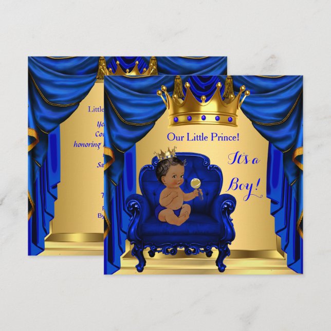 Invitación Niño Baby Shower Prince Royal Oro Azul Piel Oscura (Anverso / Reverso)