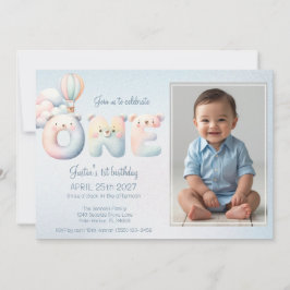 Invitación Niño bebé 1º cumpleaños foto en globo de teddybear