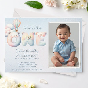 Invitación Niño bebé 1º cumpleaños foto en globo de teddybear