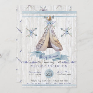 Invitación Niño Bebé Azul Ducha Boho Moda Teepee y Flechas