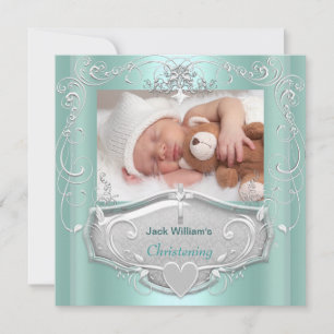 Invitación Niño Bebé Christening Baptism Mint Silver Cross