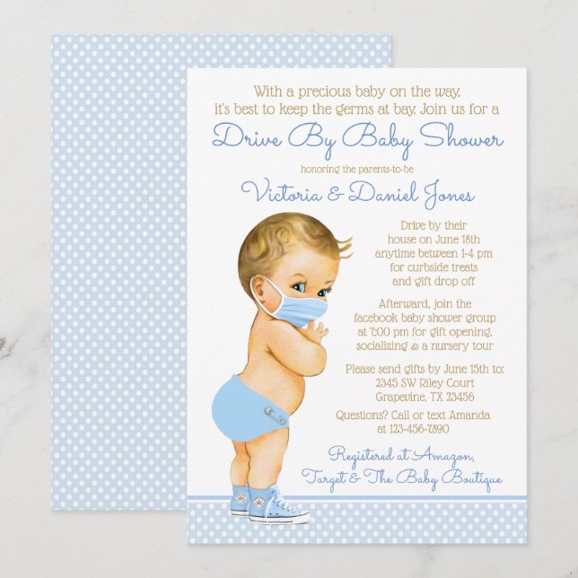 Invitación Niño Bebé Con Máscara De Baby Shower (Anverso / Reverso)