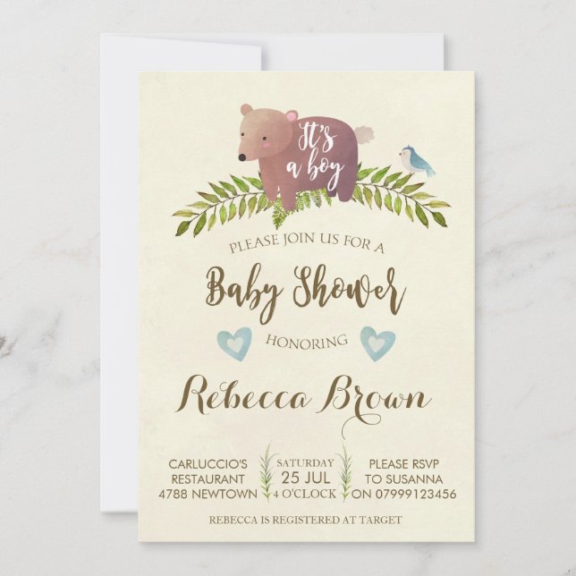 Invitación niño bebé ducha bosque oso lindo (Anverso)