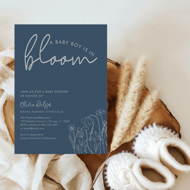 Invitación Niño bebé en la flor azul Topaz (A Baby Boy is in Bloom" Topaz Blue Wildflower Line Art Baby Shower Invitation)