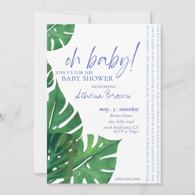 Invitación Niño bebé, guión cita Baby Shower floral tropical (Anverso)