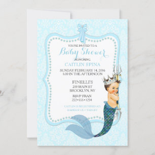 Invitación Niño Bebé Merman Merboy Príncipe Corona Damask Inv