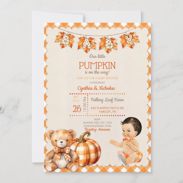 Invitación Niño bebé Plaid de otoño Oso de peluche Calabaza H (Anverso)