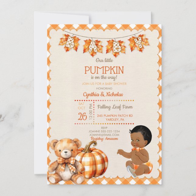 Invitación Niño bebé Plaid de otoño Oso de peluche Calabaza H (Anverso)