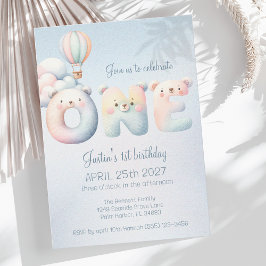 Invitación Niño bebé primer cumpleaños teddybear globo de air
