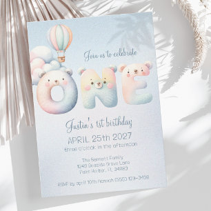 Invitación Niño bebé primer cumpleaños teddybear globo de air
