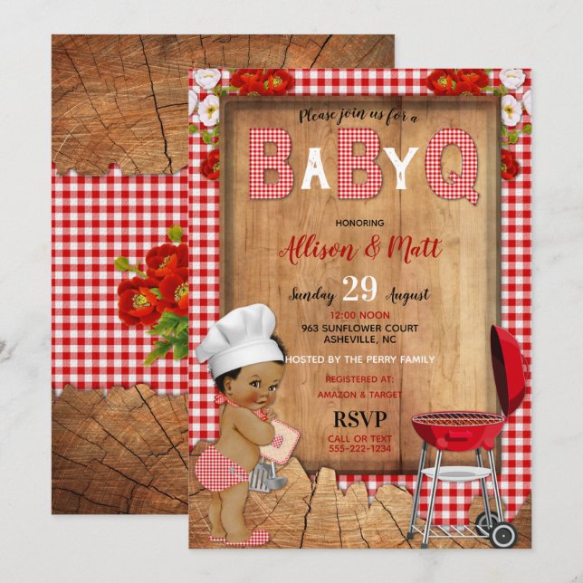 Invitación Niño bebé rojo gingham madera flores bebé Q barbac (Anverso / Reverso)