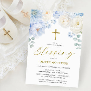 Invitación Niño Bendición Floral Azul Polvo Oro Elegante