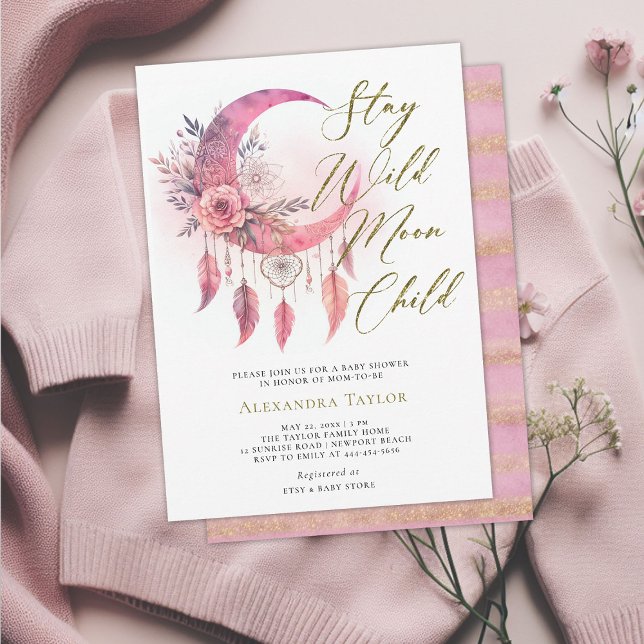 Invitación Niño Boho Dreamcatcher Baby Shower (wild moon child baby girl shower invitation pink boho dreamcatcher gold glitter elegant bohemian)