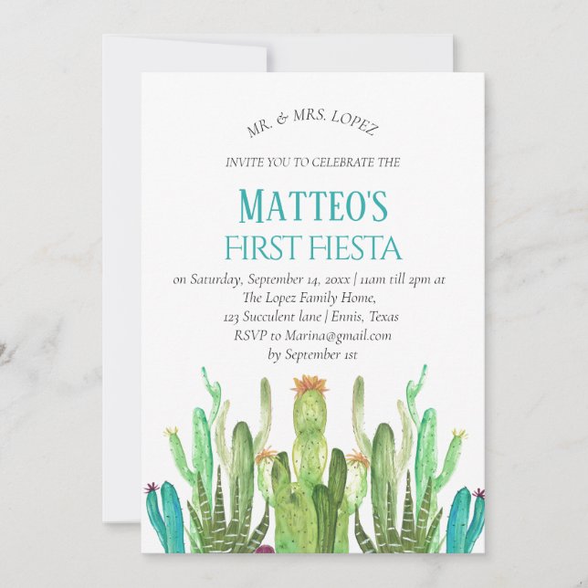 Invitación Niño Cactus mexicano moderno primer cumpleaños de  (Anverso)