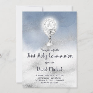 Invitación niño católico primera comunión acuarela mármol