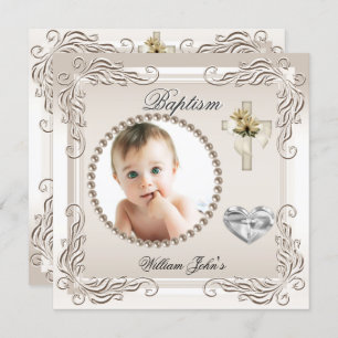 Invitación Niño Chica Beige Cream Christening Baptism