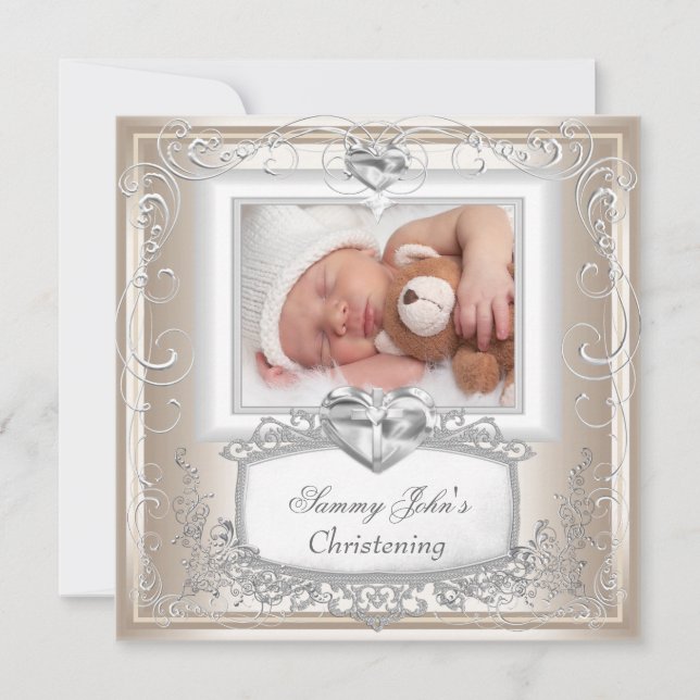 Invitación Niño Chica Cream Christening Baptism Cross (Anverso)