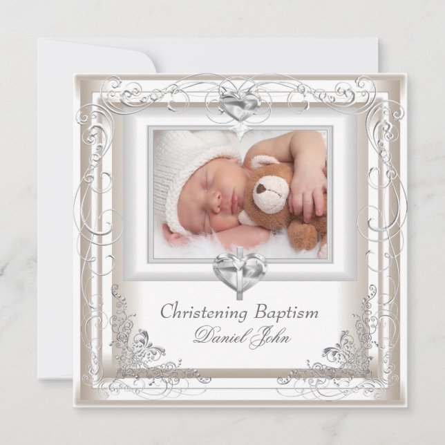 Invitación Niño Chica Cream Christening Baptism Cross (Anverso)