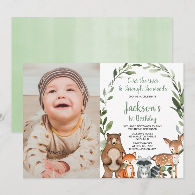 Invitación Niño chica de animales de Woodland primera foto de (Anverso / Reverso)