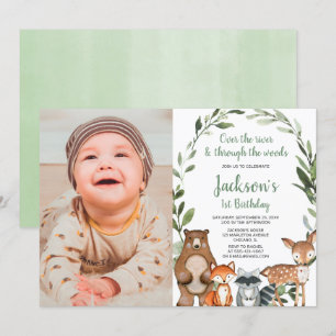 Invitación Niño chica de animales de Woodland primera foto de