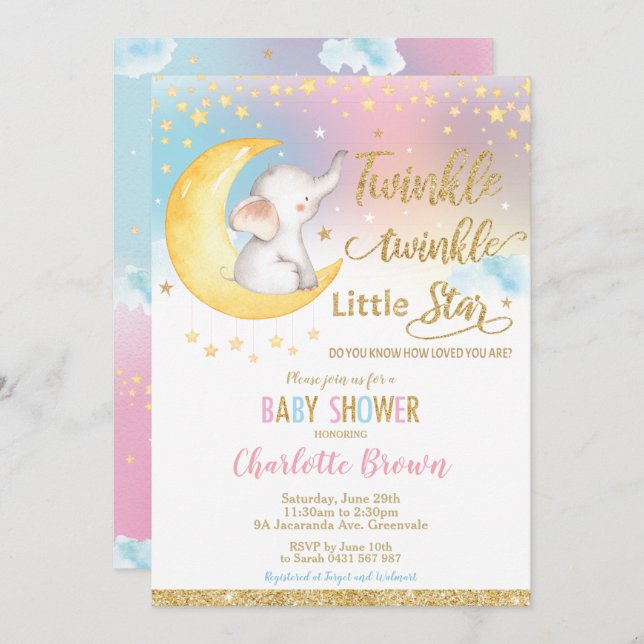Invitación Niño Chica de Baby Shower elefante de estrella peq (Anverso / Reverso)