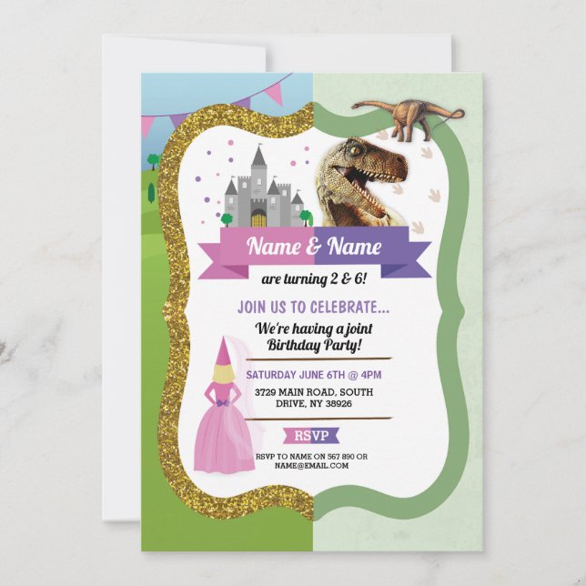 Invitación Niño Chica de la Princesa y Dinosaurio Castillo de (Anverso)